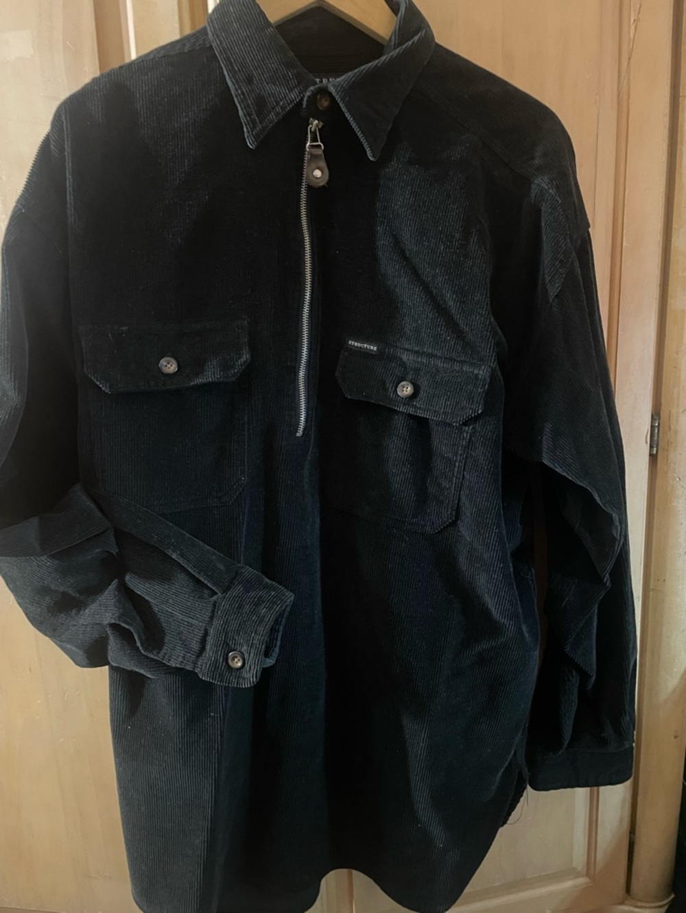 Structure Men's Pullover Black corduroy button pockets, leather tip zipper.
